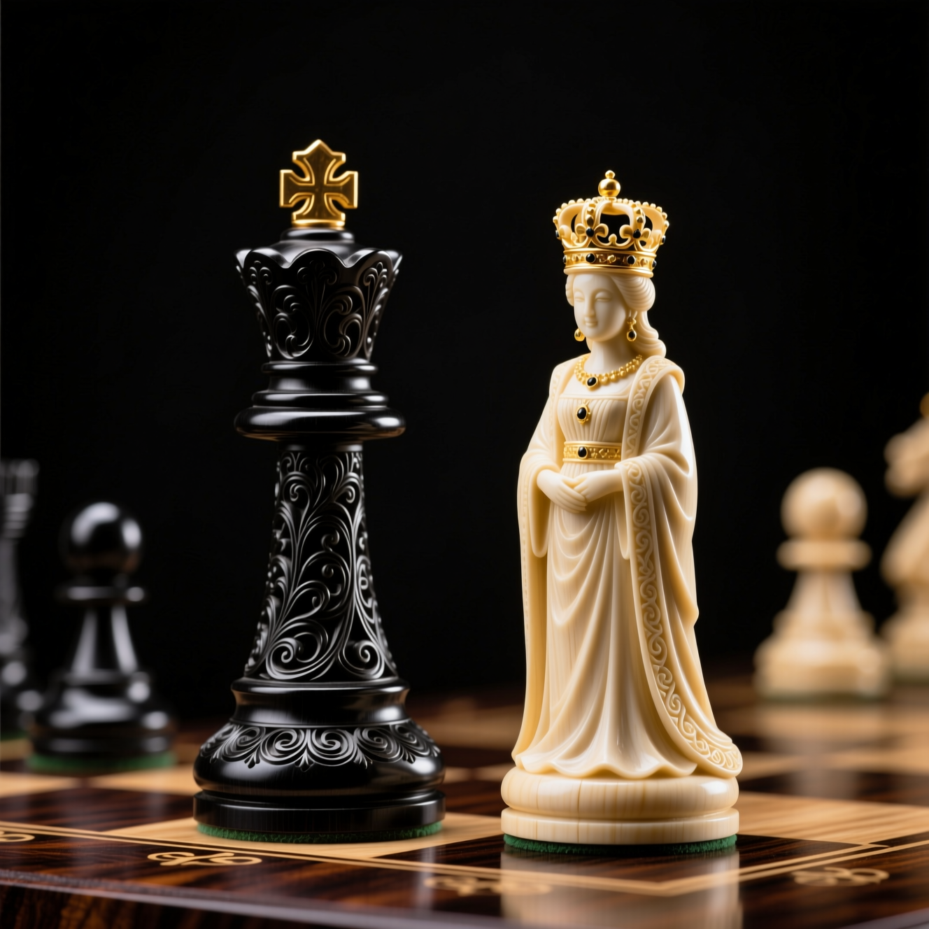 Elegant handcrafted chess pieces on wooden board