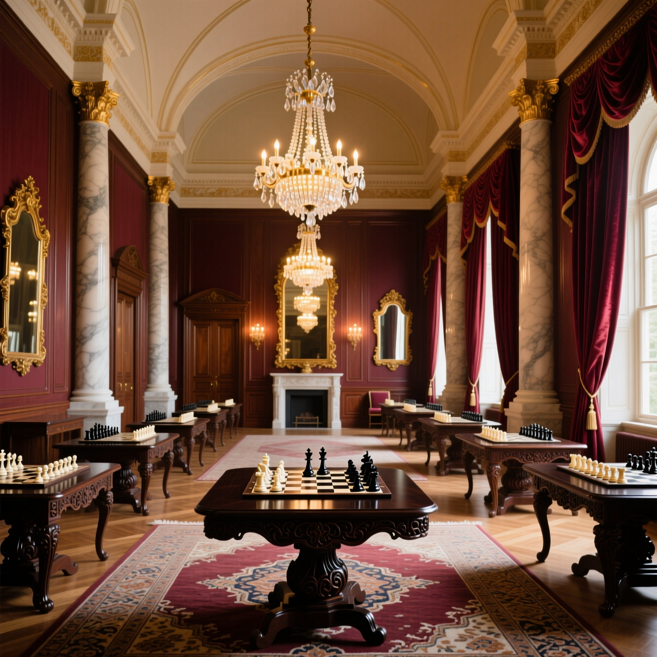 Elegant main chess hall with marble columns